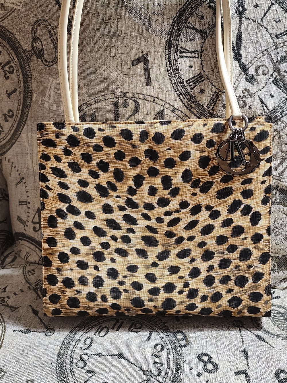 Dior Vintage Leopard Print Tote Bag with Cream Handles